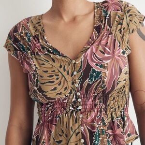 Madewell Tropical Print Short Sleeve Top - Brown and Pink